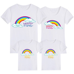 Korean Parent-Child Set Summer Outfit 2023 New Rainbow Cartoon Fashion Cotton Family Set Crew Neck T-Shirt School Uniform Dropshipping