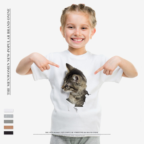 2024 Summer New Children's Crew Neck Short Sleeve Creative Tattered Cat Print T-shirt European and American Style One-piece Dropshipping