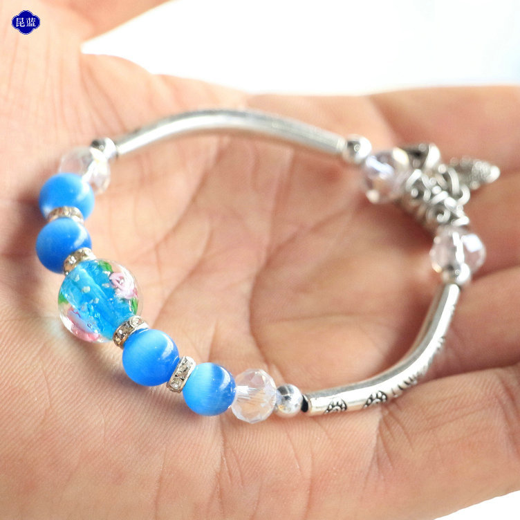 特色云南民族风苗银手链手镯民族风玛瑙水晶手链仿猫眼藏银手链