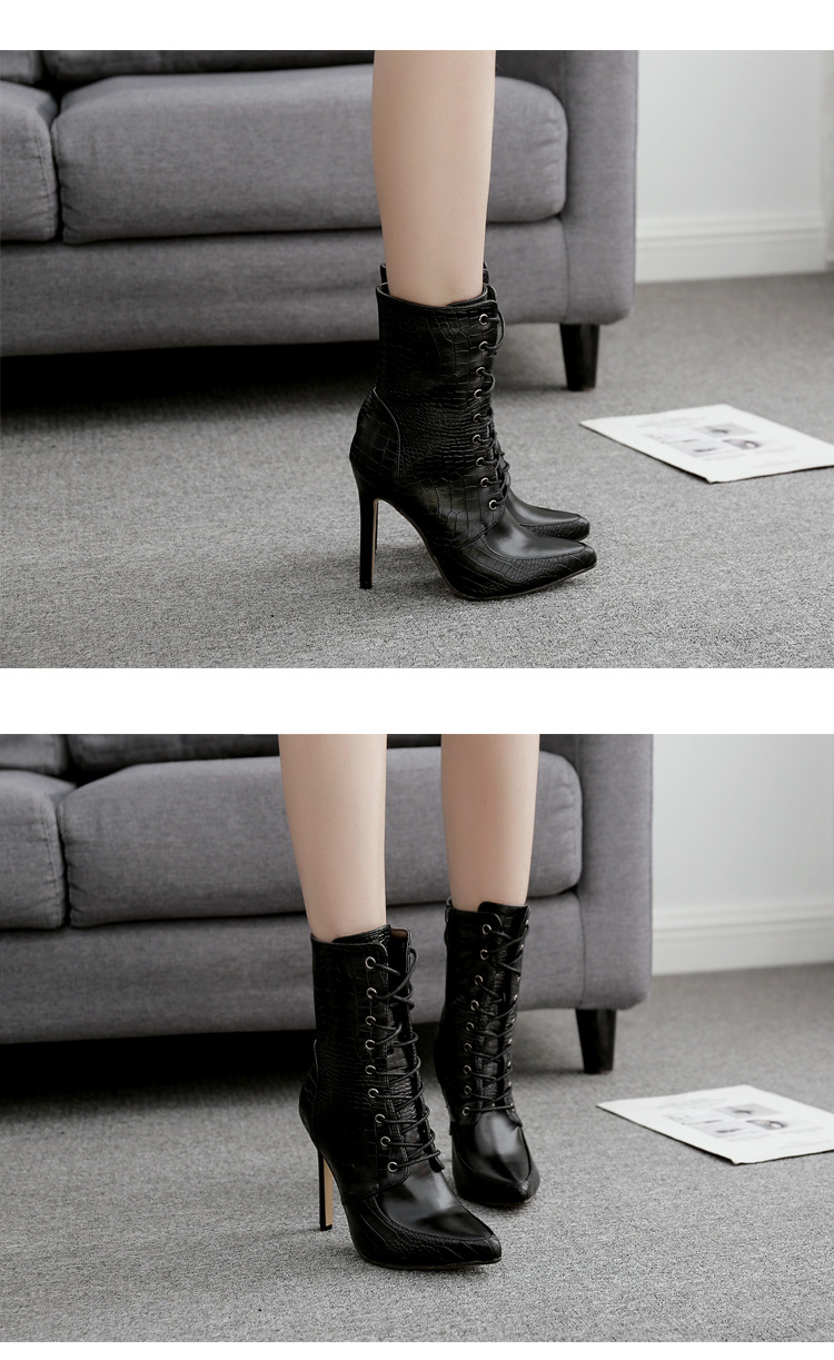 Pointed Toe Lace-Up Crocodile Print High-Heeled Boots NSGXL117082