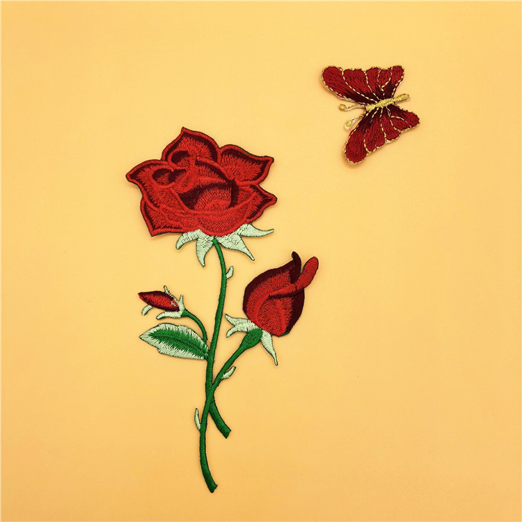 玫瑰花刺绣布贴服装辅料贴花电脑绣花章蝴蝶小号DIY背胶补丁贴