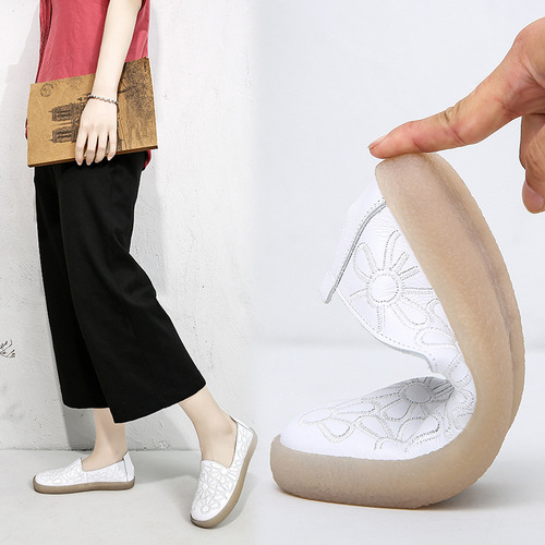 Soft-soled genuine leather new tendon-soled women's shoes retro embroidered slip-on nurse pregnant mother shoes casual white