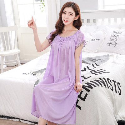 睡衣女短袖宽松大码冰丝无袖夏天真丝绸睡裙性感蕾丝夏季中裙薄|ru