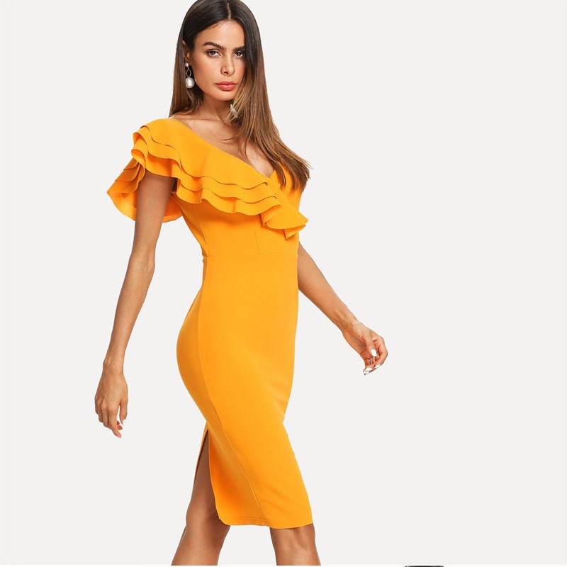 Deep V-neck Ruffled Dress Image 3