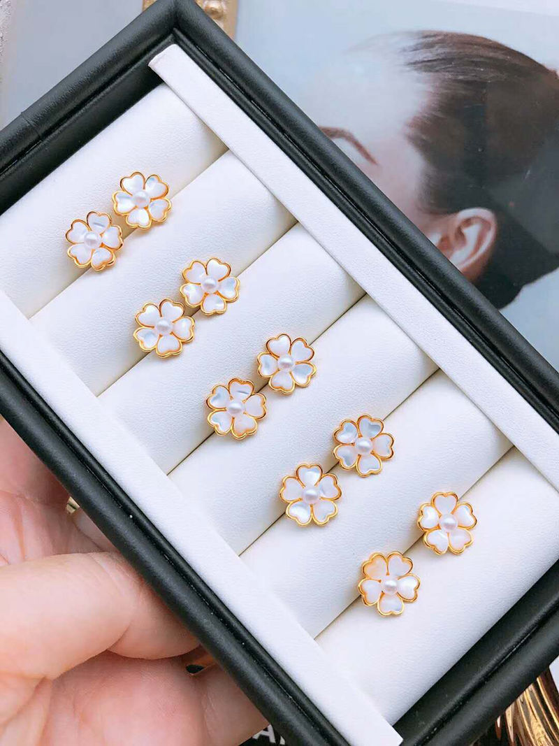 海心珠宝 贝壳花耳钉925银镀金耳钉 3-4mm高品质天然淡水珍珠镶嵌