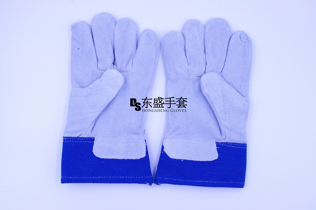 厂家批发AB级蓝布本色皮牛皮防护皮革手套电焊工人劳保工作手套