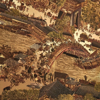 清明上河圖牆紙 電視背景餐廳酒店養生休閑會所 中式金色金箔壁紙