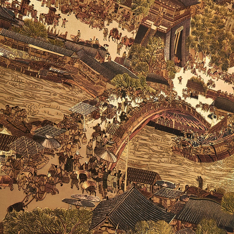 清明上河圖牆紙 電視背景餐廳酒店養生休閑會所 中式金色金箔壁紙