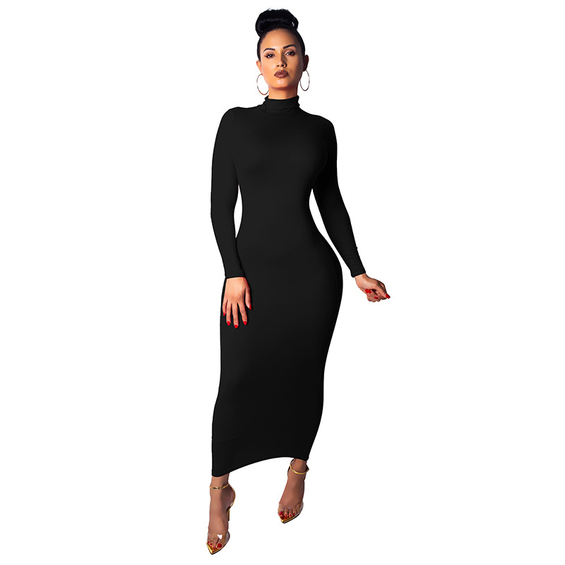 Solid Color High Neck Long-Sleeved Sheath Dress NSHWM109364