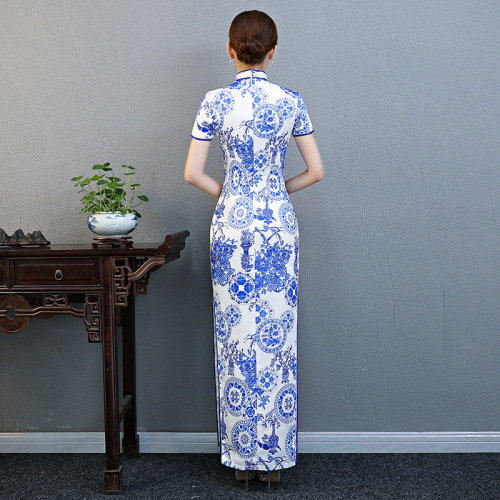 Cheongsam performance dress Shanghai long walk show blue and white porcelain cheongsam dress