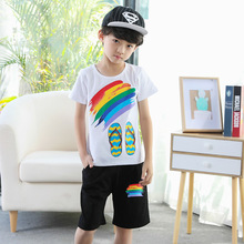 韩版童装短袖七色印花男童夏季新款套装中大童夏装休闲儿童两件套