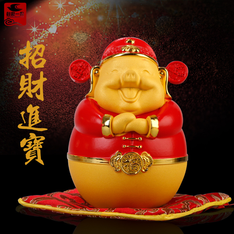 绒沙金猪招财摆件 存钱罐猪年创意前台摆件 店铺开业商务年会礼品