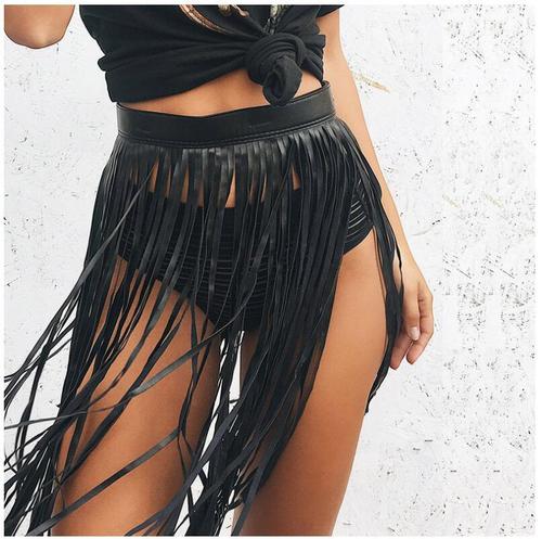 Women girls jazz nightclub pole dance PU leather Fringed  skirt sexy bag hip singers solo stage performance short skirt for woman