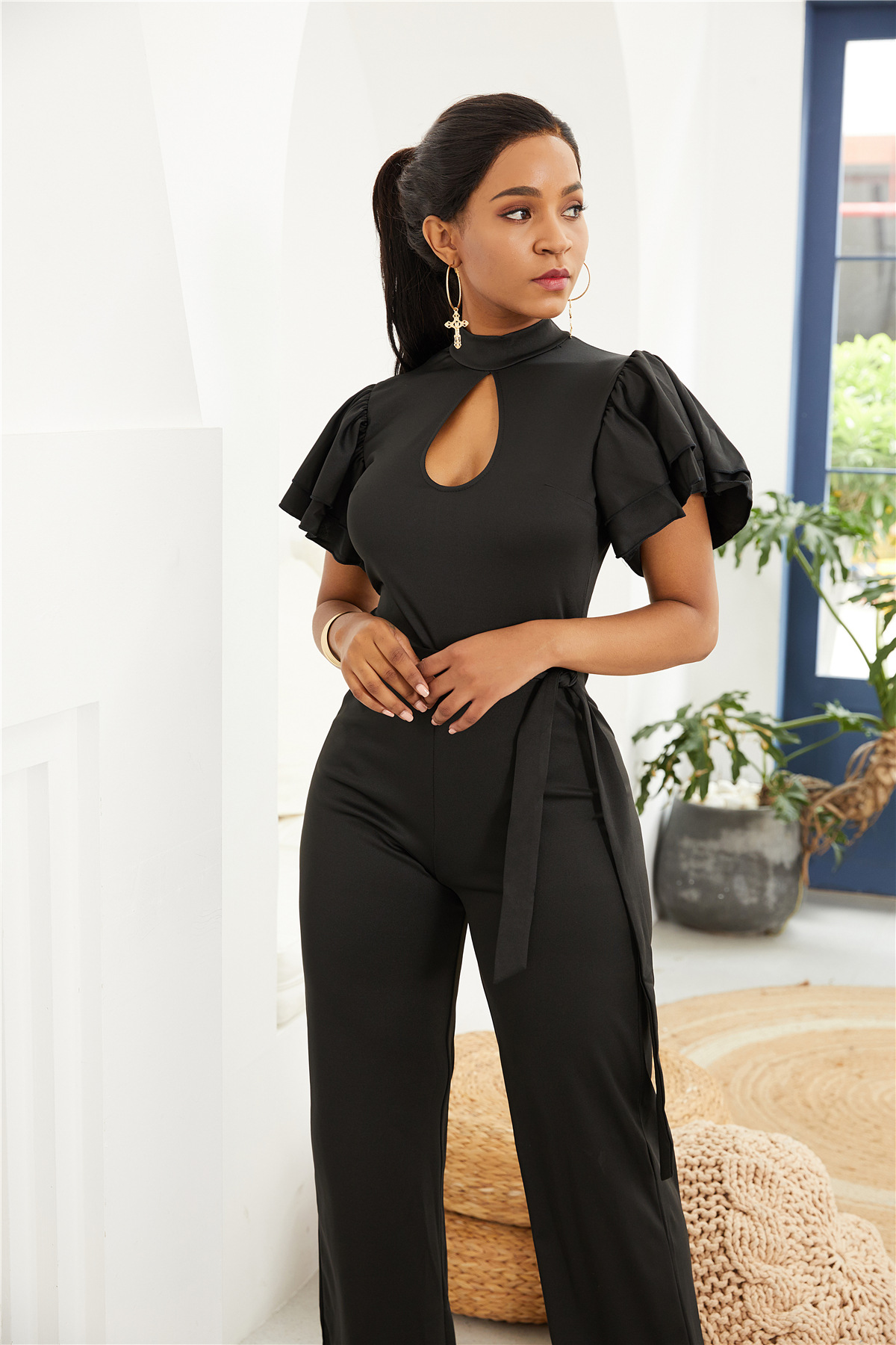 high-neck hollow ruffled short-sleeved jumpsuit NSLM39471