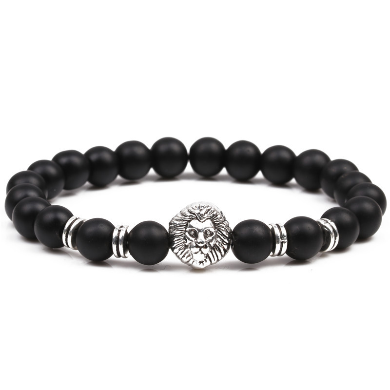 Bracelet De Perles Bouddhistes Tête De Lion En Pierre Noire Mate display picture 1