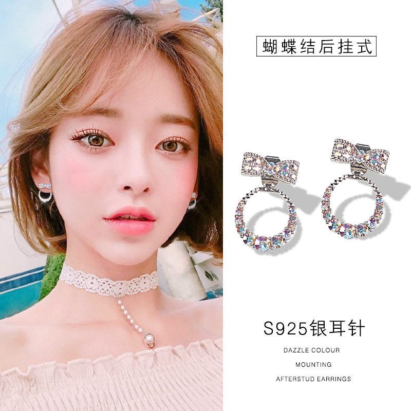 少女风925针蝴蝶结彩钻耳钉女网红耳坠气质韩国百搭个性甜美耳环|ms