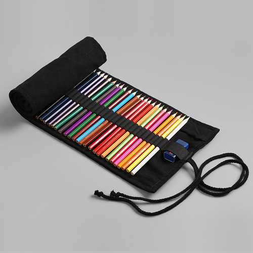 Pure black handmade canvas pencil bag 12 24 36 48 72 holes large capacity boys and girls sketch color pencil curtain