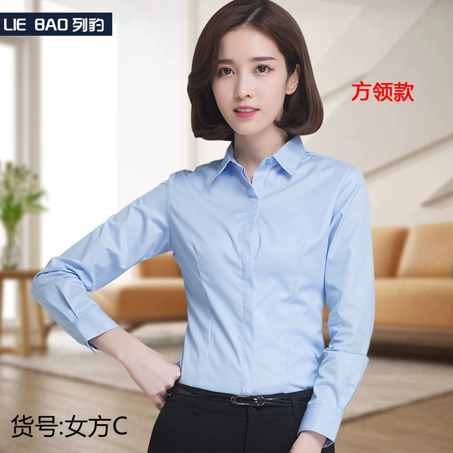 Блузка с длинными рукавами Белая рубашка из простого хлопка с негладильной текстурой Узкая синяя Деловая одежда Рабочая одежда Топ для клерка Формальности