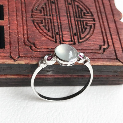 简安翡翠定制18K金镶蛋面伴红宝石玉戒天然翡翠镶金简约精美指环|ru