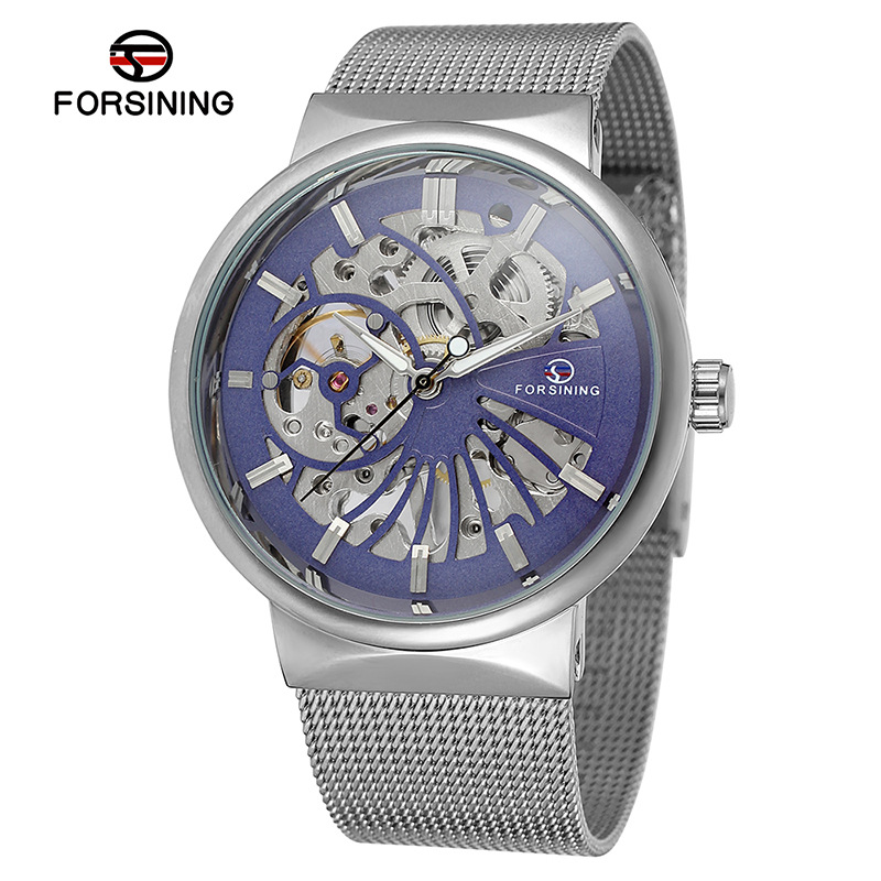 Nuevo reloj mecánico manual de la correa de acero de la moda de los hombres de FORSINING126 hueco-hacia fuera el reloj transparente del diseño para los hombres
