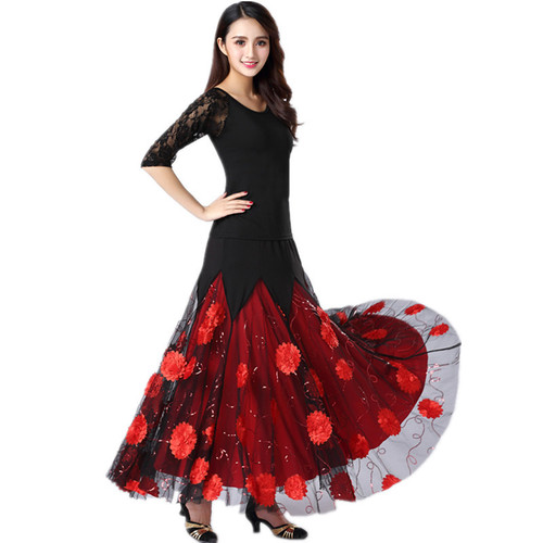 Women Girls black with red flowers Ballroom Dancing Dresses Tango Foxtrot Smooth Rhythm dance long Dance Skirts for woman