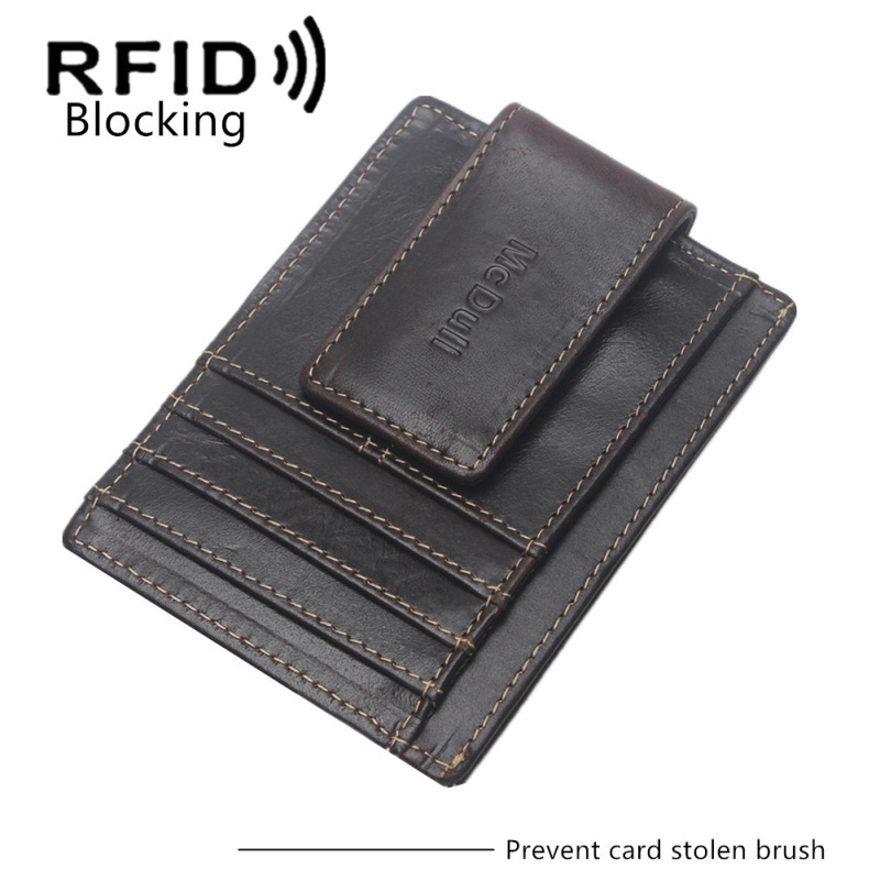 Special Offer Ultra-thin Leather Anti-magnetic RFID Oil Wax Leather Wallet Multi-function Magnet Top Layer Leather Meijin Clip Card Bag