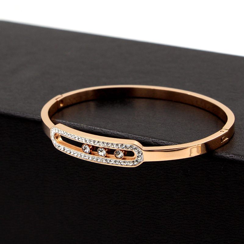 Inlay Design Streetwear Rectangle Titanium Steel Inlay Artificial Diamond Bangle