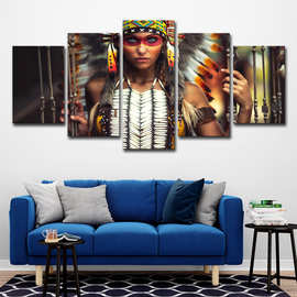 跨境五联画ebay 跨境5块帆布印度女孩绘画墙图片客厅现代装饰艺术