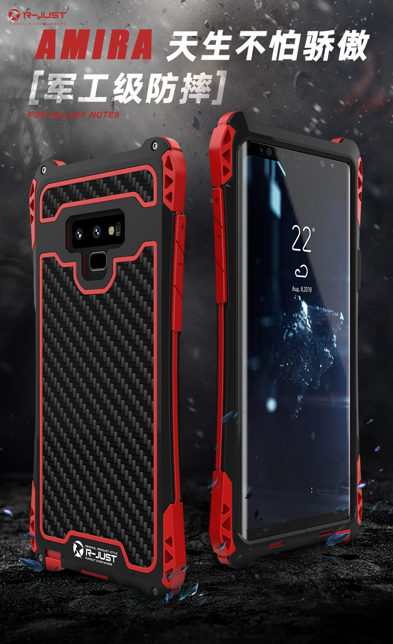 R-Just Amira Heavy Duty Dirtproof Shockproof Rainproof Aluminum Metal Bumper Carbon Fiber Back Cover Case for Samsung Galaxy Note 9