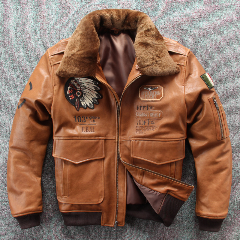 10181111772 617227679 2019 New Men Embroidery Indian Skull Air force flight A1 Pilot Sheepskin Jacket Casual Wool collar Real leather jacket S-XXXL