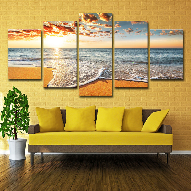 Cross-Border Supply Home Decor Living Room Wall Art 5-Piece Sunset Sunshine Beach Waves Seascape Photos