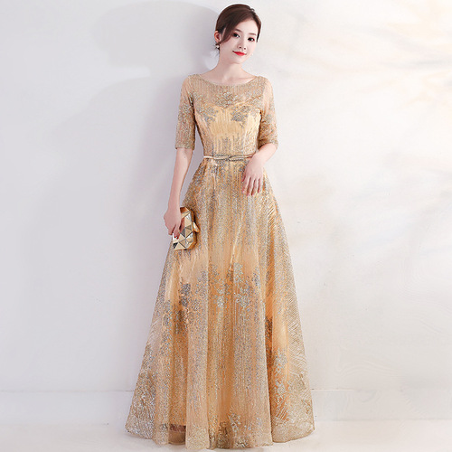 Evening dress long gold sleeve performance party dress