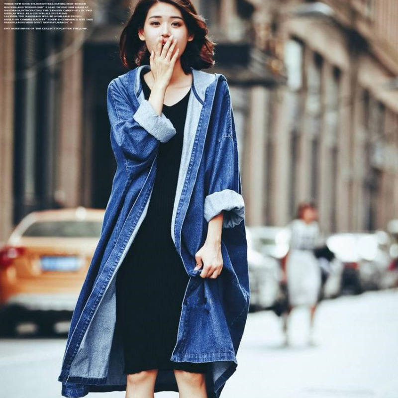 代发2020春秋季新款欧美男朋友宽松大码显瘦连帽牛仔风衣外套女潮|ms