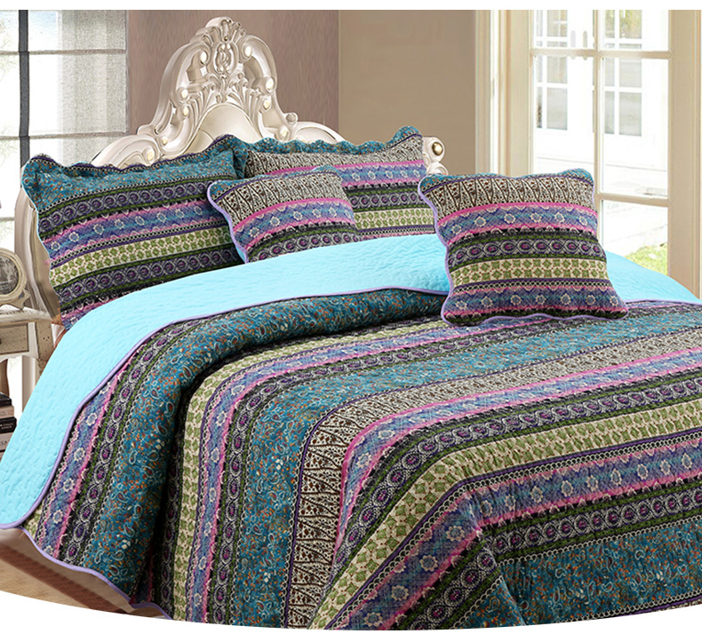 Quilted Bedspread Striped Cotton Three Piece Bedding Set_voghion.com
