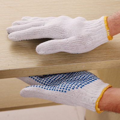 棉纱线手套 防滑耐磨劳保点塑手套工人搬运防护透气白色手套|ru