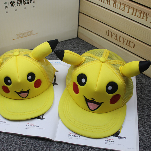 Spring and Summer Flat Brim Hip-Hop Hat for Children, Cartoon Pikachu Flat Brim Hat, Parent-Child Style Fashion Street Dance Trendy Hat, Wholesale