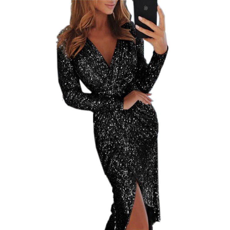 Women's Pencil Skirt Fashion V Neck Sequins Patchwork Short Sleeve Long Sleeve Solid Color Maxi Long Dress Banquet display picture 5