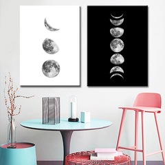 北歐客廳裝飾帆布畫簡約黑白創意月食月亮變化書房掛畫無框畫芯