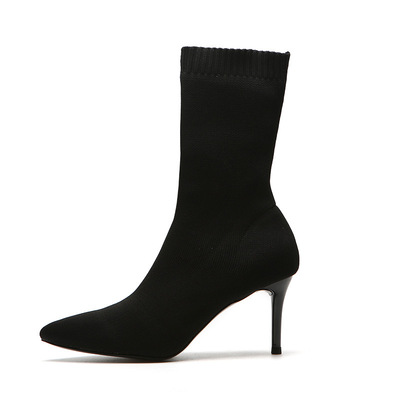 2019秋冬女靴英伦风马丁靴女弹力袜靴尖头女中筒高跟女鞋一件代发|ms