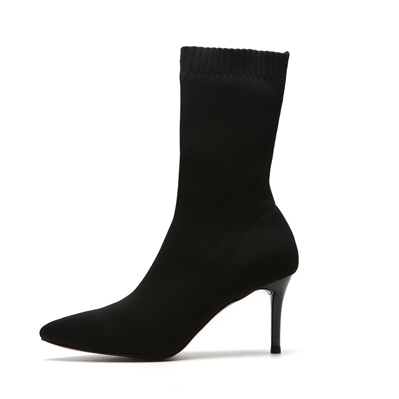 2019秋冬女靴英伦风马丁靴女弹力袜靴尖头女中筒高跟女鞋一件代发|ms