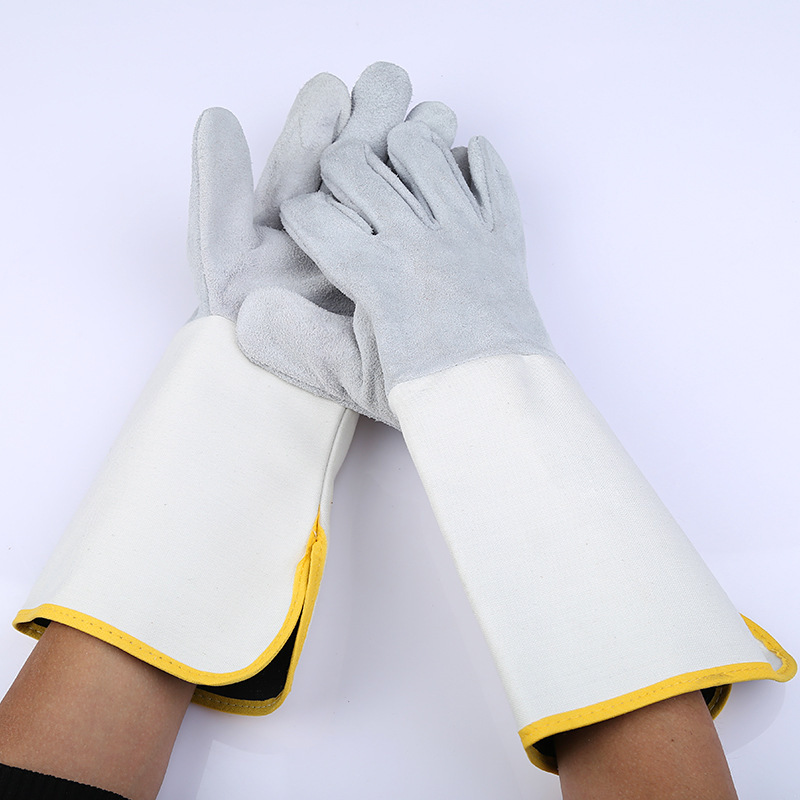 直销大袖二层牛皮大全掌长帆布袖电焊焊工船员劳工耐磨防刺手套