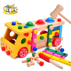 Children's Wooden Assembly Screw Nut Tool Car Toy for Boys, Intelligent Knocking Ball Disassembly Car, Two-in-One 1-2-3