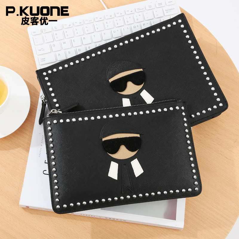 一件代发2018新款真皮女包 韩版时尚晚宴包包信封包铆钉手拿包