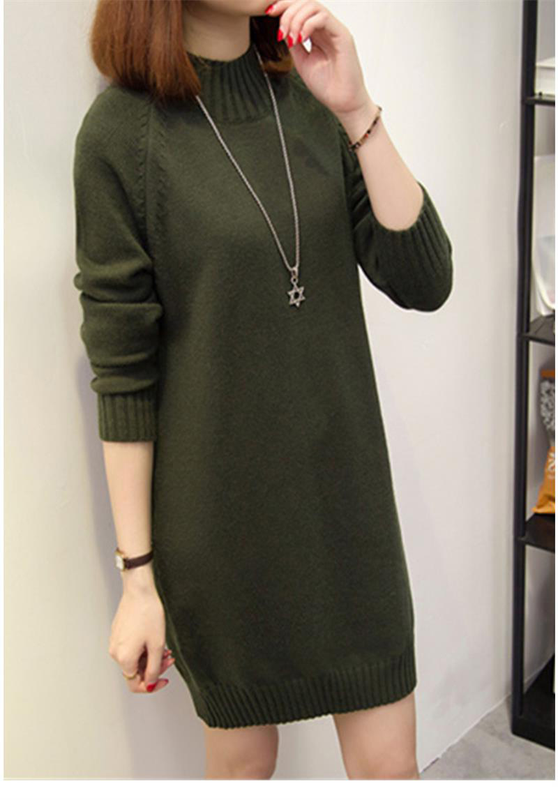 K New Women's Half-turtleneck Pullover Sweater; Loose Midi Dress; Women's Knit Dress As A Base Layer. No Necklace Or Other Accessories_voghion.com