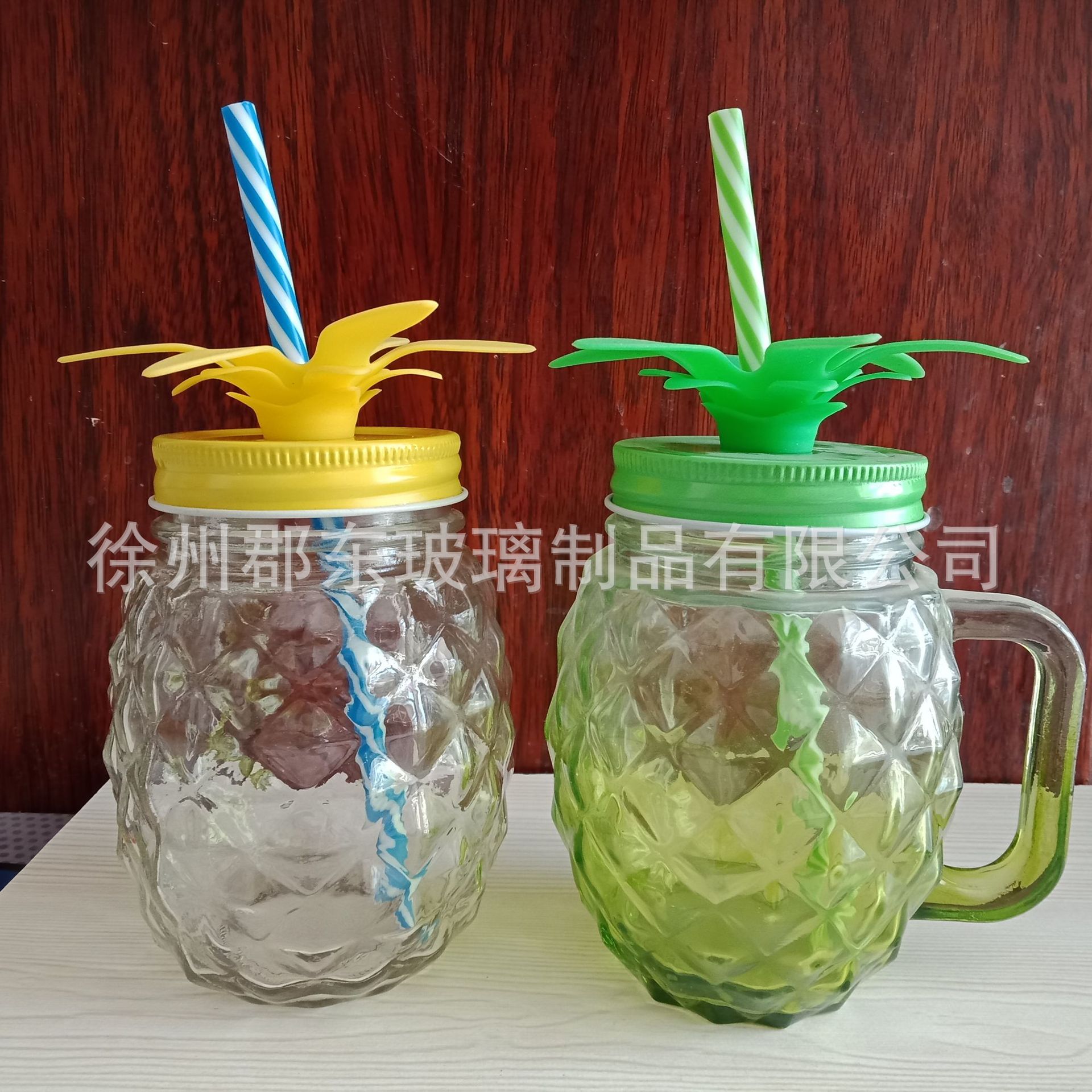 厂家批发把子菠萝杯异形玻璃瓶把手饮料冷饮杯梅森果汁杯