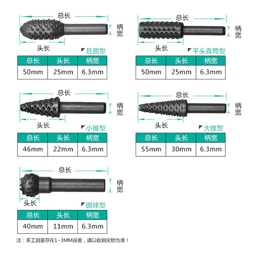 5-piece set of woodworking special-shaped rotary files, wood carving knife, woodworking files, sanding head, embossed rotary file
