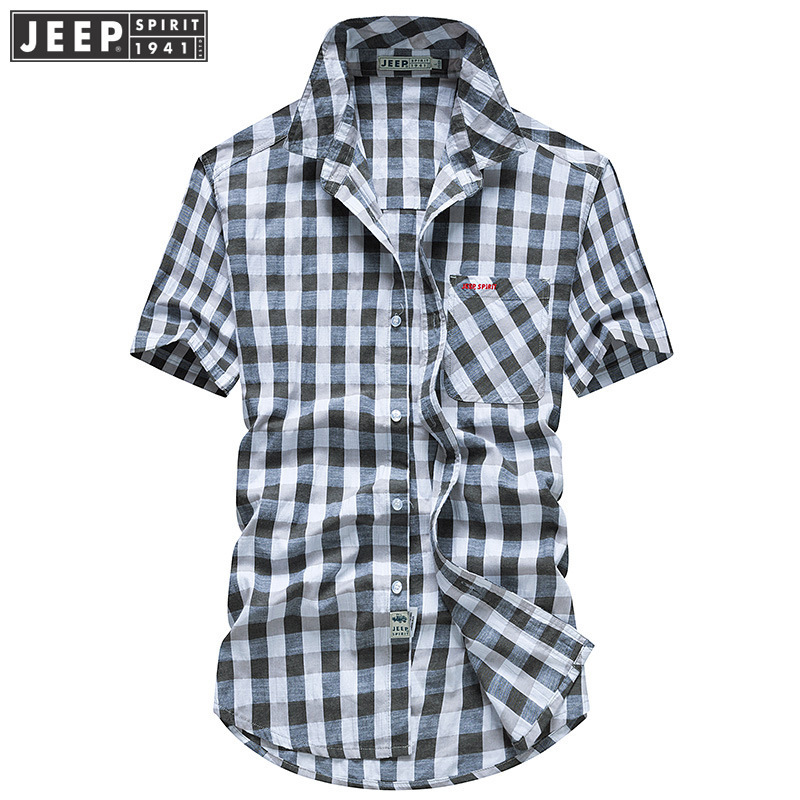 JEEP吉普夏装薄款户外时尚休闲大码宽松男士短袖格子衬衫男0207