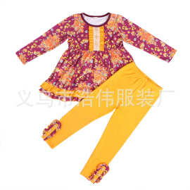 万圣节款 女童牛奶丝印花长袖上衣芥末黄长裤两件套 童套装批发