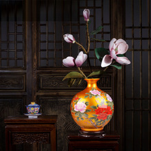 景德镇陶瓷器大花瓶中国红水晶牡丹花开富贵新房客厅装饰品摆件