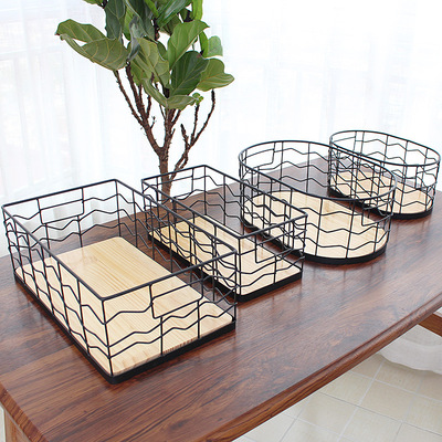 ins北欧铁艺收纳篮木板底座杂物筐化妆品面膜收纳盒简约风收纳筐